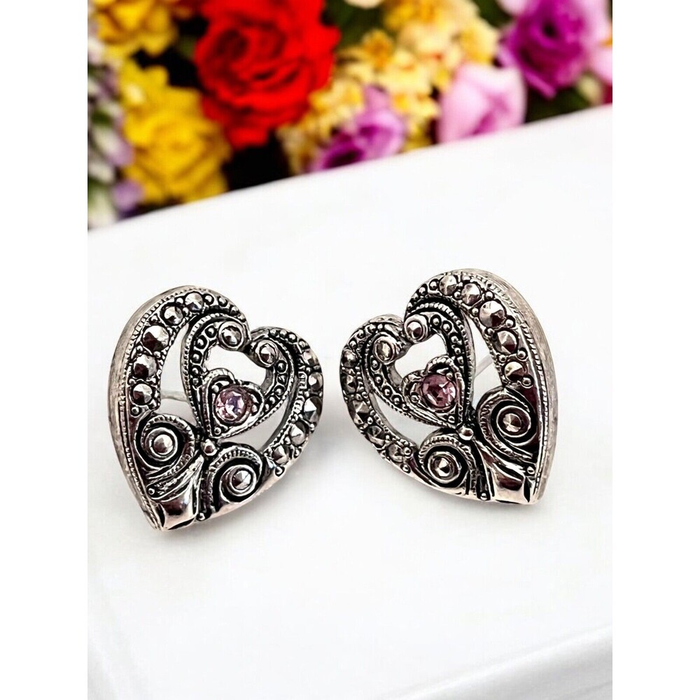 Vintage 1980s Avon Pink Crystal Heart Earrings Silver Tone Pierced - 5F